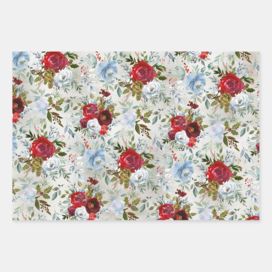 Kerstroodblauw en mosterdblauw Roos & Holly Inpakpapier Vel (Voorkant 2)