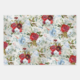 Kerstroodblauw en mosterdblauw Roos & Holly Inpakpapier Vel