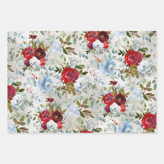 Kerstroodblauw en mosterdblauw Roos & Holly Inpakpapier Vel (Voorkant)