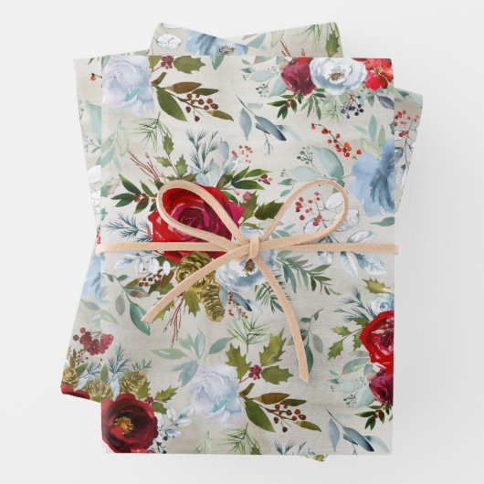 Kerstroodblauw en mosterdblauw Roos & Holly Inpakpapier Vel (In situ)