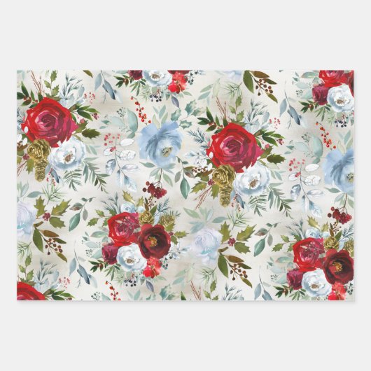 Kerstroodblauw en mosterdblauw Roos & Holly Inpakpapier Vel (Voorkant 3)