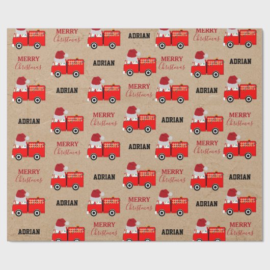 Kerstroodbrandwagen - Aangepaste naam Kraft Cadeaupapier (Vlak)