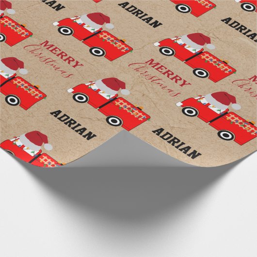 Kerstroodbrandwagen - Aangepaste naam Kraft Cadeaupapier (Hoek)