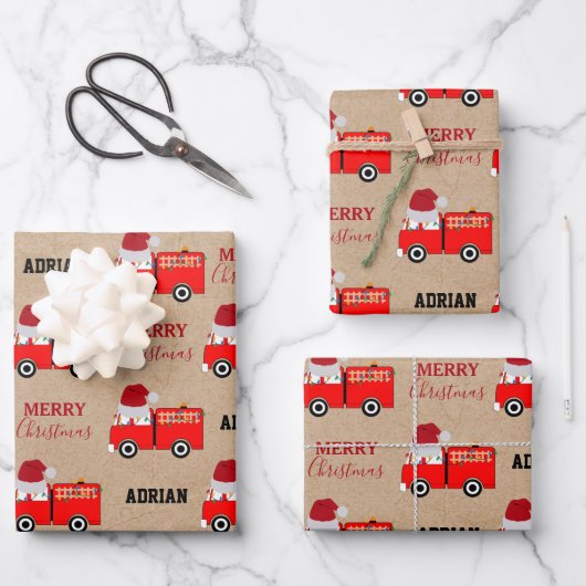 Kerstroodbrandwagen - Aangepaste naam Kraft Inpakpapier Vel (Voorkant)