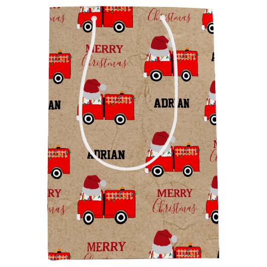 Kerstroodbrandwagen - Aangepaste naam Kraft Medium Cadeauzakje (Voorkant)
