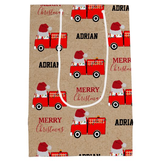 Kerstroodbrandwagen - Aangepaste naam Kraft Medium Cadeauzakje (Achterkant)