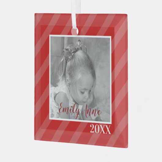 Kerstroodgestreepte feestdag foto glas ornament (Voorkant links)