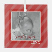 Kerstroodgestreepte feestdag foto glas ornament (Voorkant)