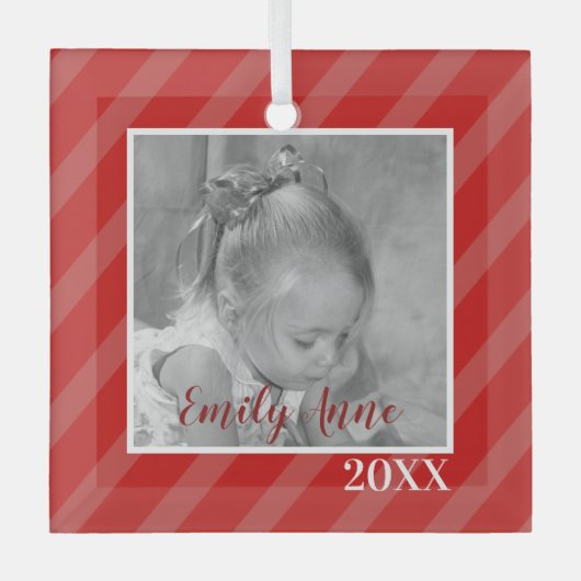 Kerstroodgestreepte feestdag foto glas ornament (Voorkant)