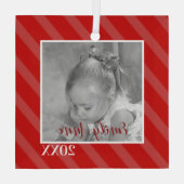 Kerstroodgestreepte feestdag foto glas ornament (Achterkant)