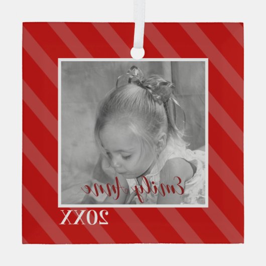 Kerstroodgestreepte feestdag foto glas ornament (Achterkant)