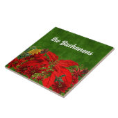 Kerstroodkleurige Poinsettias met groen Tegeltje (Zijkant)