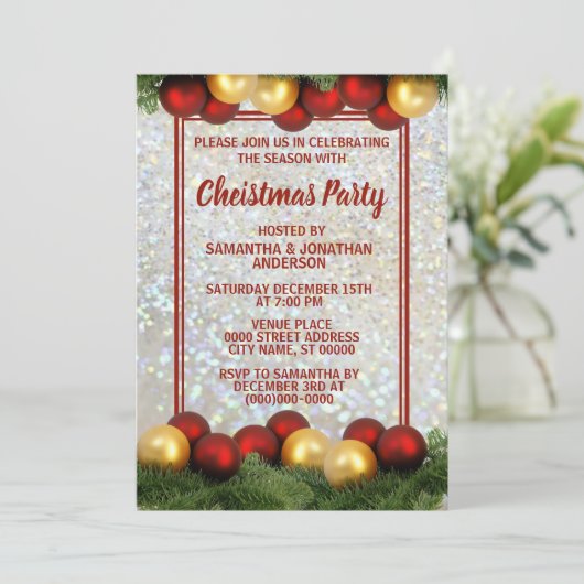 KerstroodOrnamenten Silver Glitter Party Kaart (Staand voorkant)
