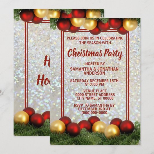 KerstroodOrnamenten Silver Glitter Party Kaart (Voorkant / Achterkant)