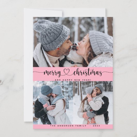 Kerstroze 3 Collage Multi Photo Holiday Card Kaart (Voorkant)