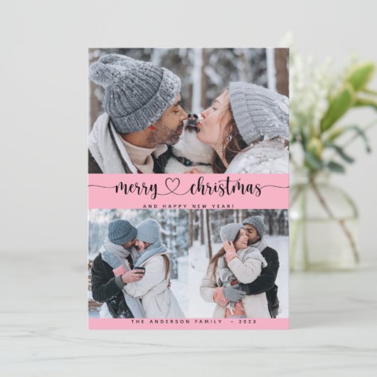 Kerstroze 3 Collage Multi Photo Holiday Card Kaart (Staand voorkant)