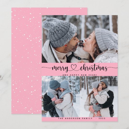 Kerstroze 3 Collage Multi Photo Holiday Card Kaart (Voorkant / Achterkant)