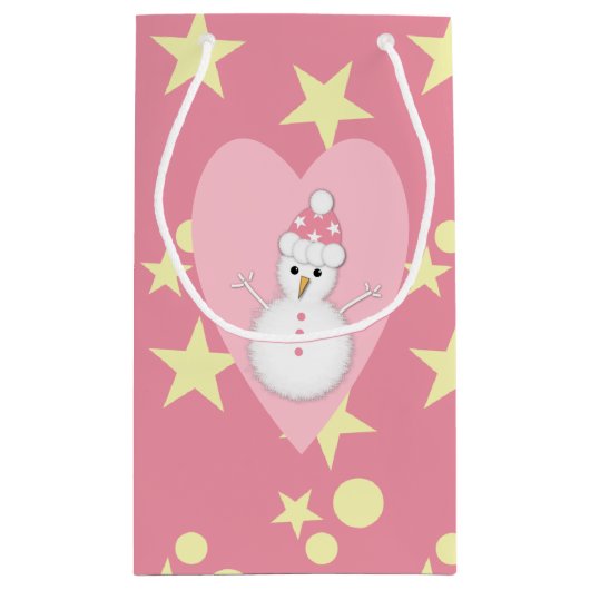 Kerstroze en geel met sterren en sneeuwman klein cadeauzakje (Achterkant)