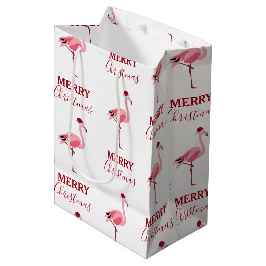 Kerstroze Flamingo Bird met Santa Hat Medium Cadeauzakje (Voorkant Gekanteld)