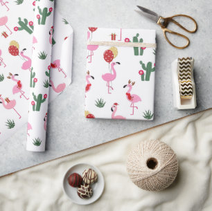 Kerstroze flamingo feestdag cadeaupapier