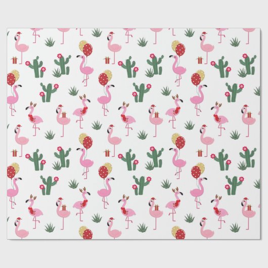 Kerstroze flamingo feestdag cadeaupapier (Vlak)