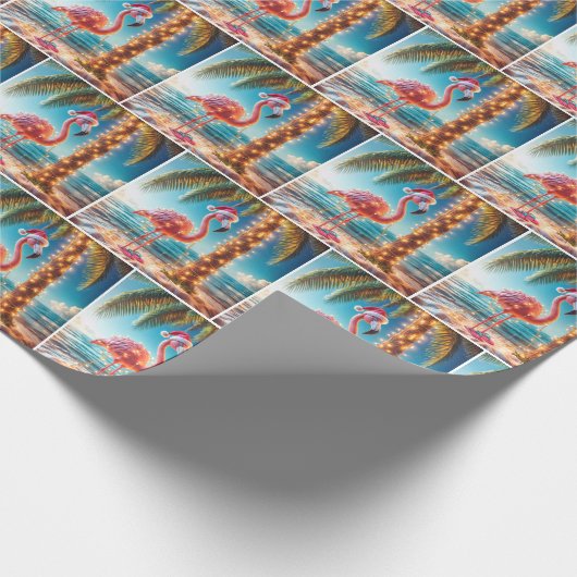 Kerstroze flamingo in verwarde lichten cadeaupapier (Hoek)