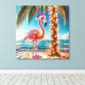 Kerstroze flamingo in verwarde lichten canvas afdruk (Insitu (Houten vloer))