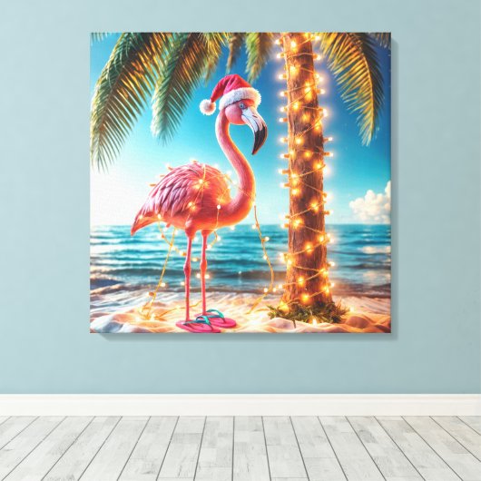 Kerstroze flamingo in verwarde lichten canvas afdruk (Insitu (Houten vloer))