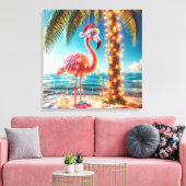 Kerstroze flamingo in verwarde lichten canvas afdruk (Insitu (Woonkamer))