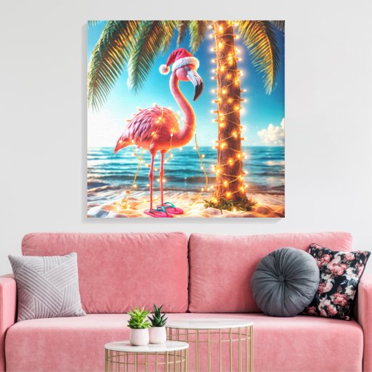 Kerstroze flamingo in verwarde lichten canvas afdruk (Insitu (Woonkamer))