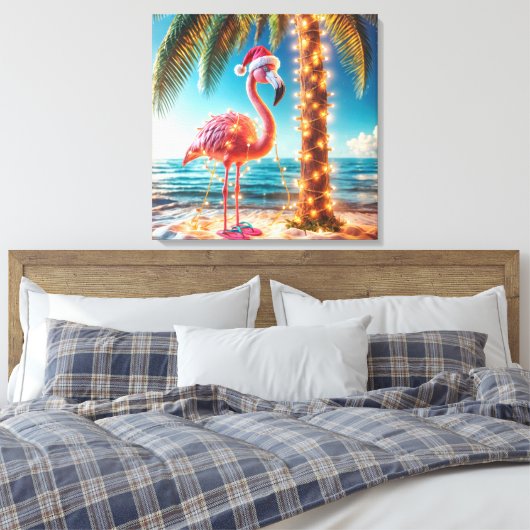 Kerstroze flamingo in verwarde lichten canvas afdruk (Insitu (Slaapkamer))