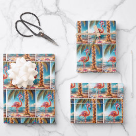 Kerstroze flamingo in verwarde lichten inpakpapier vel