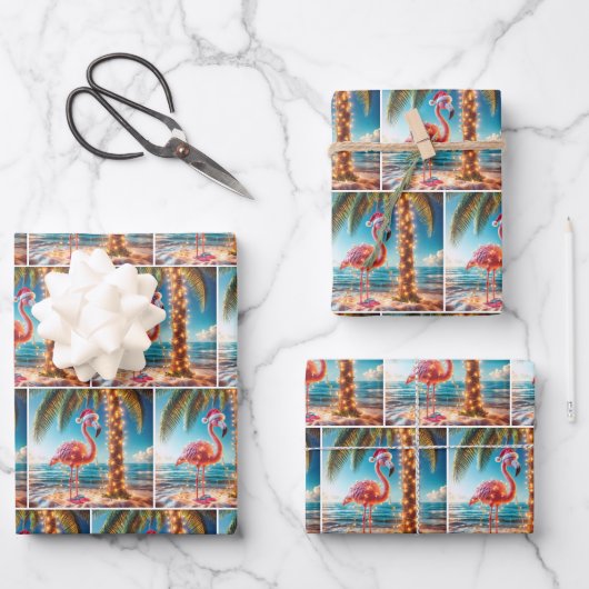 Kerstroze flamingo in verwarde lichten inpakpapier vel (Voorkant)