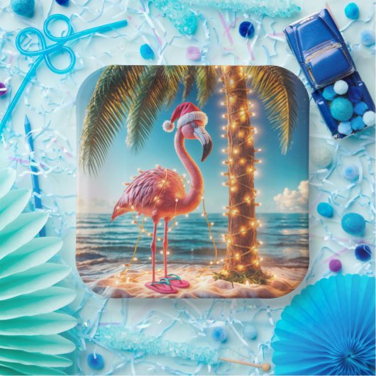 Kerstroze flamingo in verwarde lichten papieren bordje (Feest)