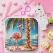 Kerstroze flamingo in verwarde lichten papieren bordje (Feest)