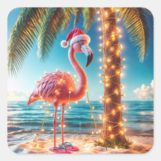 Kerstroze flamingo in verwarde lichten vierkante sticker (Voorkant)