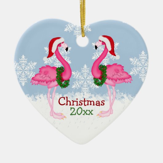 Kerstroze flamingo met kersthats keramisch ornament (Voorkant)
