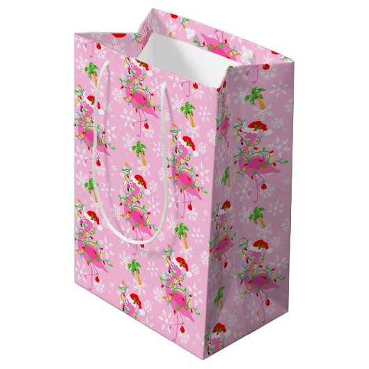 kerstroze Flamingo patroon Medium Cadeauzakje (Achterkant Gekanteld)
