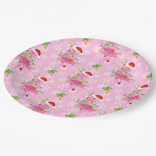 kerstroze Flamingo patroon Papieren Bordje (Gekanteld)