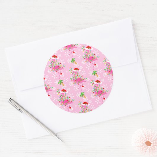 kerstroze Flamingo patroon Ronde Sticker (Envelop)