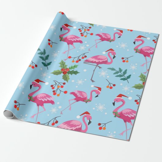kerstroze flamingos Red Holly Berries Gift Cadeaupapier (Uitgerold)