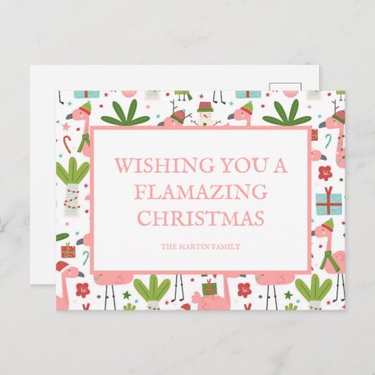 Kerstroze flamingos White Snowmen Briefkaart (Voorkant / Achterkant)