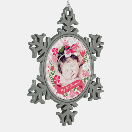 Kerstroze Floral Wreatfoto gepersonaliseerd Tin Sneeuwvlok Ornament (Links)