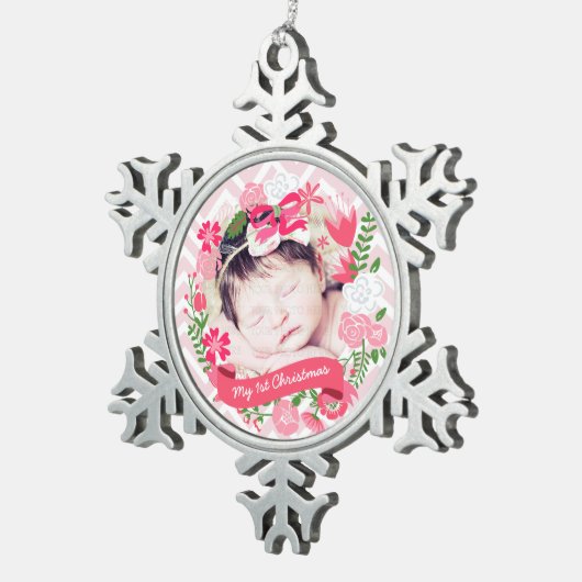 Kerstroze Floral Wreatfoto gepersonaliseerd Tin Sneeuwvlok Ornament (Rechts)