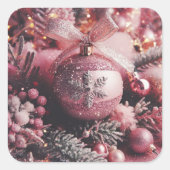 Kerstroze glitterelementen vierkante sticker (Voorkant)