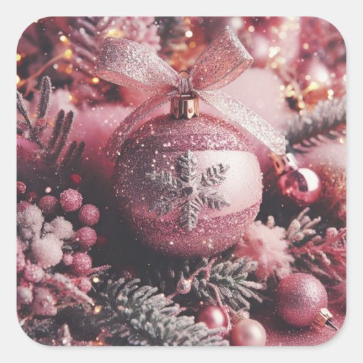 Kerstroze glitterelementen vierkante sticker (Voorkant)