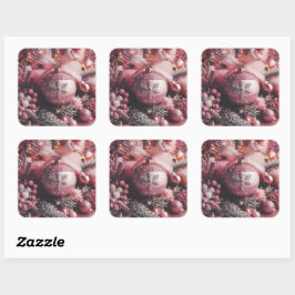 Kerstroze glitterelementen vierkante sticker