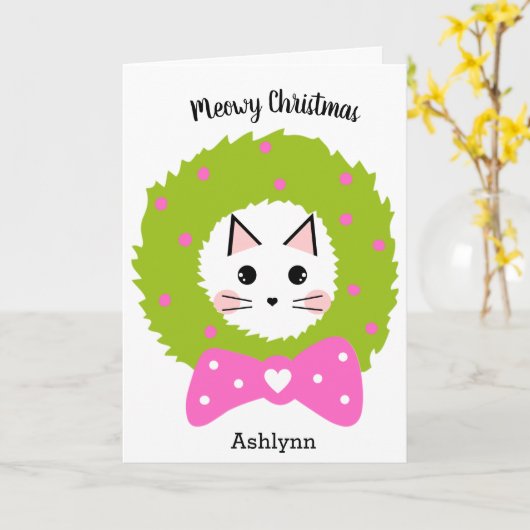 Kerstroze groene krans kat kaart (Gele Bloem)