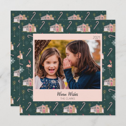 Kerstroze Huis palmboom foto Mideeuw  Feestdagenkaart (Voorkant / Achterkant)