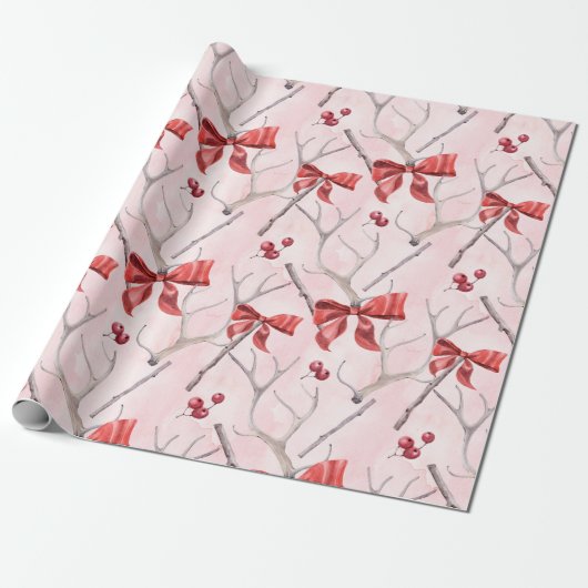 Kerstroze linbbons Holly Pattern Cadeaupapier (Uitgerold)